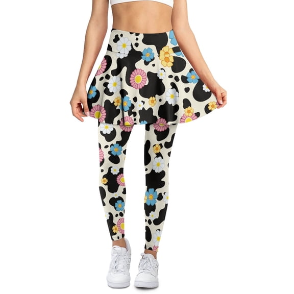 COEQINE High Waist Elastic Skirted Legging for Women with Pockets Cow Spots and Daisy Floral Print Comfy Ruffle Pleated Tennis Skirts with Leggings Soft Golf Pickleball Leggings, S