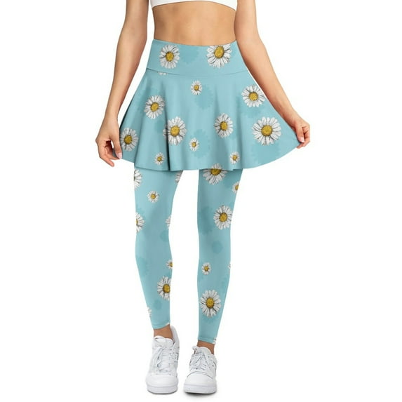 COEQINE High Waist Yoga Skirted Legging for Women with Pockets Elastic Breathable Tennis Skirts with Leggings Daisy Floral Blue Print Comfy Fashion Golf Leggings, M