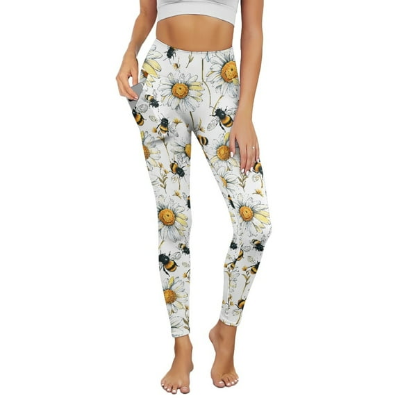 COEQINE High Waisted Yoga Leggings for Women with Pockets 4-Way Stretch Breathable Tummy Control Full-Length Pants Daisy Floral Bee White Buttery Soft No See Through Casual Tights, M