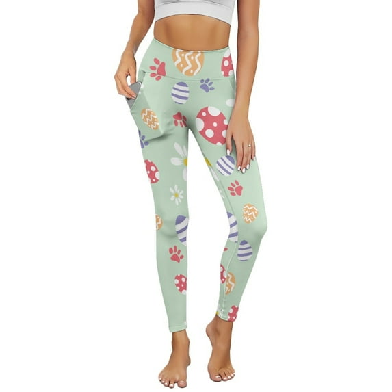 COEQINE High Waisted Yoga Leggings for Women with Pockets Buttery Soft Hip Lift Tummy Control Gym Pants 4-Way Stretch Comfortable Tights, Easter Egg Daisy Floral Paw Print Green, S