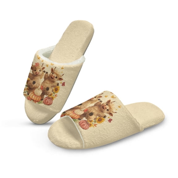 COEQINE Highland Cow Pumpkin Beige Slippers for Women Comfy Fuzzy Slides Trendy Fall Open Toe Shoes Machine Washable Slip On Slippers Women Footwear for Home Bedroom Spa Travel Hotel, 40-41