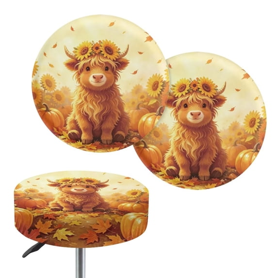 COEQINE Highland Cow Sunflower Pumpkin Stool Covers Round Elastic 13"-15" Round Bar Stool Seat Cover Protector Breathable Saddle Stool Slipcover for Autumn Decor, 2 Count