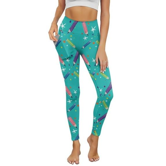 COEQINE Hip Lift Yoga Leggings for Women with Pockets Buttery Soft High Waisted Tummy Control Full-Length Pants Pencil Polka Dot Green No See Through Comfortable Tights, XS