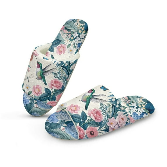 COEQINE Hummingbird Flower Blue Womens Fuzzy Slippers House Shoes Open Toe Indoor Slippers Soft Lightweight Quiet Fluffy Slides Machine Washable Footwear for Ladies Her Mom, 36-37