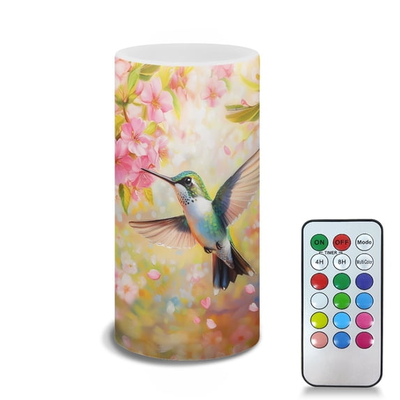 COEQINE Hummingbird Pink Flower LED Flameless Candles Battery Operated Candles with Remote Control Timer Violet Blue Flickering Wick Pillar Tealight for Coffee Table Desktop Decor