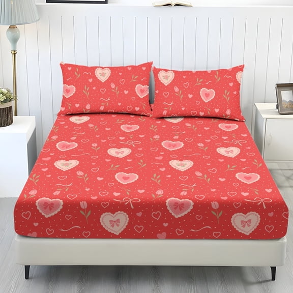 COEQINE King Sheet Set 3 Pieces Bedding Set, Comfort Fade Resistant Fitted Sheet with 2 Pillowcases, Winter Bottom Bedsheet Secure Fit Home Decor, Heart Bow Tulip Floral