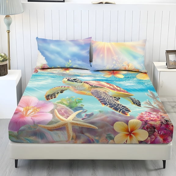 COEQINE King Sheet Set Breathable Soft Bedding Sheet Set 3 Pieces Deep Pocket Holiday Bedding Set with All Around Elastic for a Snug Fit, Sea Turtle Starfish Plumeria