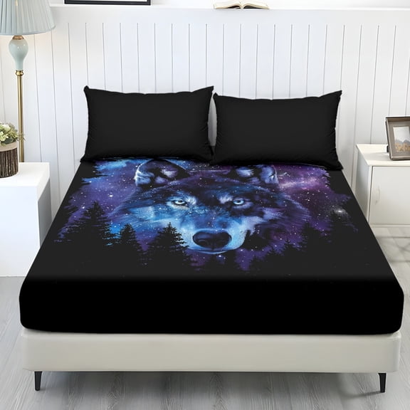 COEQINE King Sheet Set Breathable Soft Bedding Sheet Set 3 Pieces Deep Pocket Holiday Bedding Set with All Around Elastic for a Snug Fit, Wolf Forest Galaxy