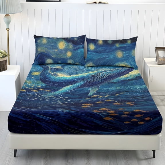 COEQINE King Sheet Set Soft Stretchy Bedding Sheet Set 3 Pieces Deep Pocket Holiday Bedding Set with All Around Elastic Snug Fit Bottom Bedsheet, Whale Starry Night