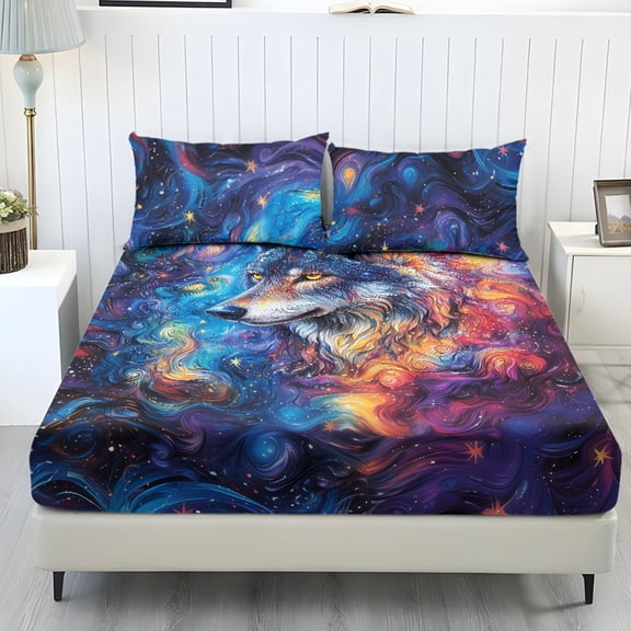 COEQINE King Sheet Set Soft Stretchy Bedding Sheet Set 3 Pieces Deep Pocket Holiday Bedding Set with All Around Elastic Snug Fit Bottom Bedsheet, Wolf Abstract Galaxy