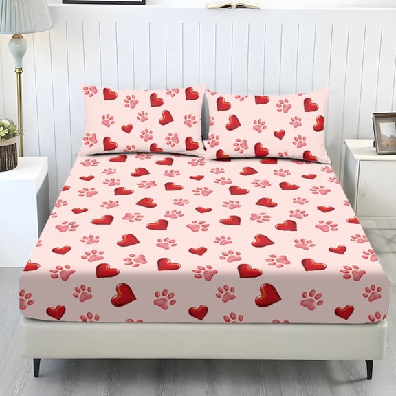 COEQINE King Sheet Set Stretchy Fitted Bed Sheet Comfy Fade Resistant Bedsheet & Pillowcases with All Around Elastic Stay in Place for Valentine's Day Home Decor, Red Heart Paw Print