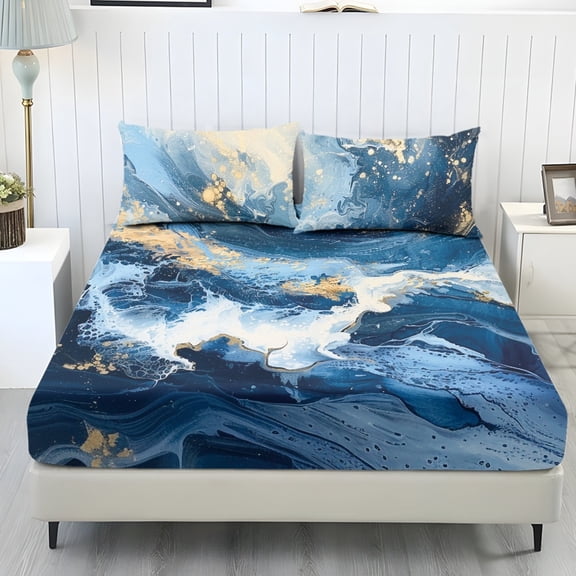 COEQINE King Sheets 3 Pieces Bed Sheets Set, Soft Fade Resistant Easy Care Bedding Set All Season Wrinkle Free Bottom Bedsheet for King Size Bed, Blue Gold Marble