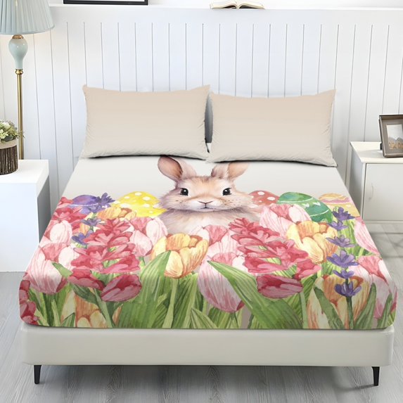 COEQINE King Size 3 Piece Sheet Set, Wrinkle Free Comfort Cooling Sheets All Around Elastic Fitted Holiday Bedding Set Home Decor for Women Men, Easter Bunny Mushroom Floral