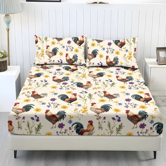 COEQINE King Size 3 Piece Sheet Set, Wrinkle Free Comfort Cooling Sheets All Around Elastic Fitted Holiday Bedding Set Home Decor for Women Men, Rooster Chicken Floral Beige