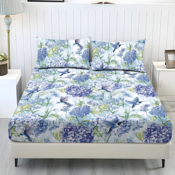 COEQINE King Size Sheet Comfy Bedding Fitted Sheet Non-Slip Snug Fit All Around Elastic Fitted Bottom Bedsheet Holiday Bed Set 3 Pieces Set, Blue Hummingbird Hydrangea