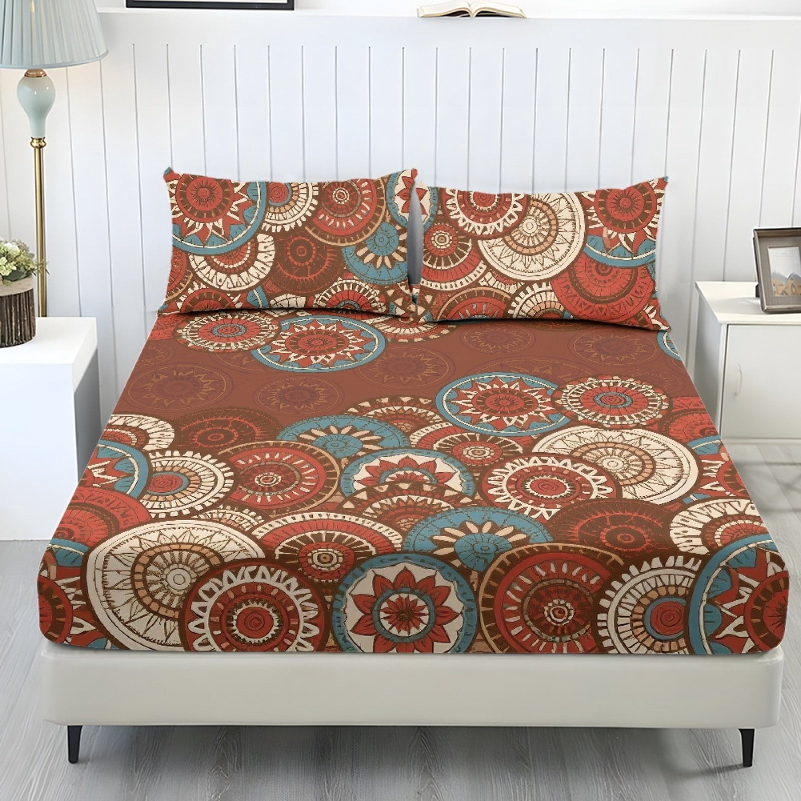 COEQINE King Size Sheet Comfy Bedding Fitted Sheet Non-Slip Snug Fit All Around Elastic Fitted Bottom Bedsheet Holiday Bed Set 3 Pieces Set, Brown Boho Mandala Flower