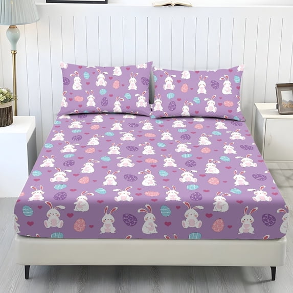COEQINE King Size Sheet Set Cozy Fade Resistant 3 Pieces Bedding Sheet Set All Season Bottom Bedsheet with All Around Elastic for Home Decor, Easter Bunny Egg Heart Purple