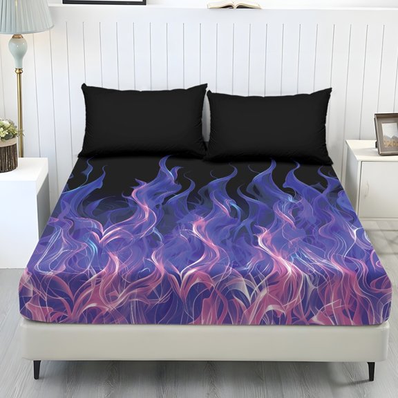 COEQINE King Size Sheet Set Cozy Fade Resistant 3 Pieces Bedding Sheet Set All Season Bottom Bedsheet with All Around Elastic for Home Decor, Purple Fire Flame