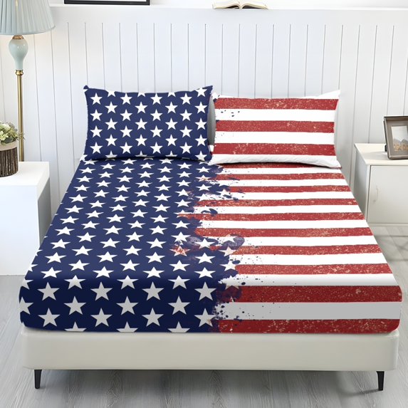 COEQINE King Size Sheet Set Soft Wrinkle Free 3 Pieces Bed Sheets Set with Deep Pocket Bedsheet & Pillowcases Home Decor for King Size Bed for Patriotic Decor, American Flag Splash