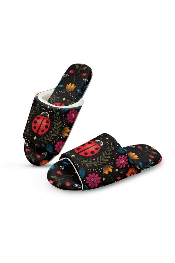 Ladybug Floral Black Slippers for Women Comfy Fuzzy Slides Trendy Open Toe Shoes Machine Washable Slip On Slippers Women Footwear for Home Bedroom Spa Travel Hotel, 44-45