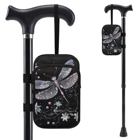 COEQINE Large Capacity Forearm Crutch Bag for Seniors Beautiful Dragonfly Elbow Crutch Attachment, Zipper Pouch, 2 Pockets, Lightweight, for Walking Cane & Hiking Stick