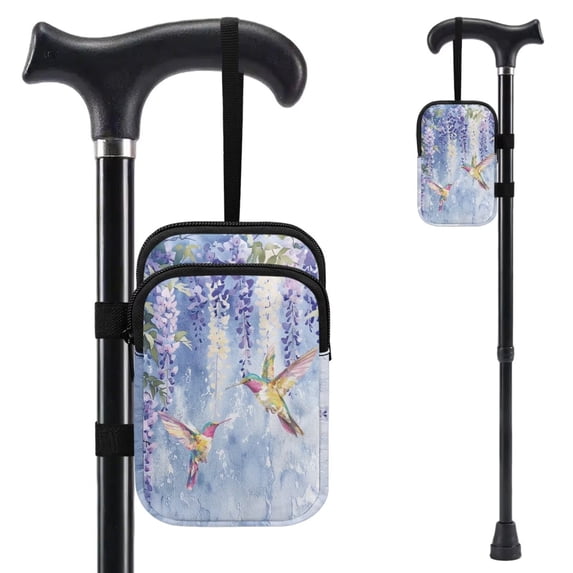 COEQINE Large Capacity Forearm Crutch Bag for Seniors Hummingbird Wisteria Elbow Crutch Attachment, Zipper Pouch, 2 Pockets, Lightweight, for Walking Cane & Hiking Stick