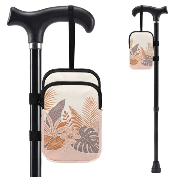 COEQINE Large Capacity Forearm Crutch Bag for Seniors Pink Tropical Leaves Elbow Crutch Attachment, Zipper Pouch, 2 Pockets, Lightweight, for Walking Cane & Hiking Stick