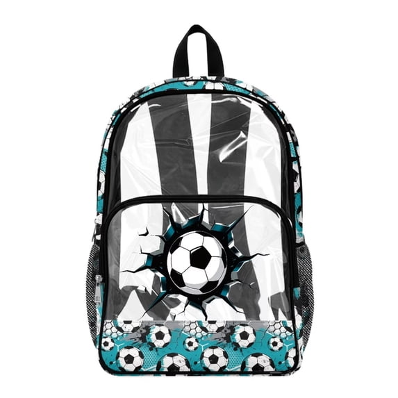 COEQINE Large Clear Backpack 17 Inch Transparent Bookbag for Boys Girls, Heavy Duty PVC Polyester Backpack for Work Travel, Stylish Daypack for Stadium, 3D Football Soccer Ball Blue