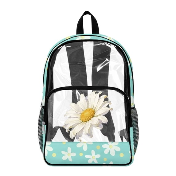 COEQINE Large Clear Backpack 17 Inch Transparent Bookbag for Women Girls College, Heavy Duty PVC Polyester Backpack for Work Travel, Stylish Daypack for Concert Stadium, Daisy Mint Green
