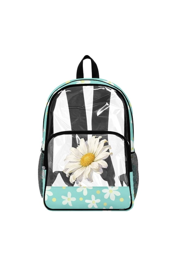 Large Clear Backpack 17 Inch Transparent Bookbag for Women Girls College, Heavy Duty PVC Polyester Backpack for Work Travel, Stylish Daypack for Concert Stadium, Daisy Mint Green