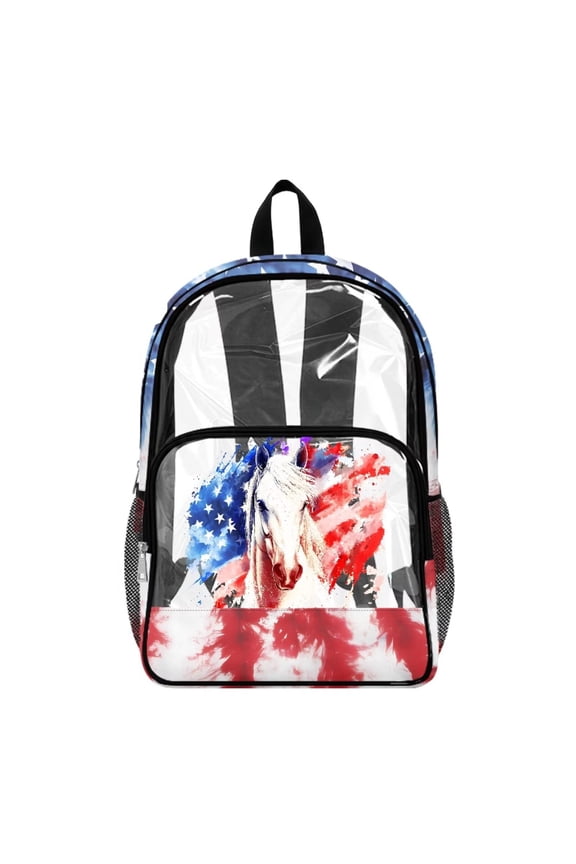 Large Clear Backpack with Multiple Pockets, Heavy Duty Large PVC Transparent Bag 17 Inch College Backpack See Through Book Bag for 4th of July, Horse American Flag Tie-dye