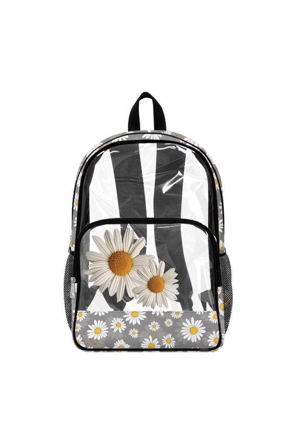 Large Clear Backpack with Multiple Pockets, Heavy Duty Large PVC Transparent Bag 17 Inch College Backpack See Through Book Bag for Stadium Concert Beach, Gray Daisy Print