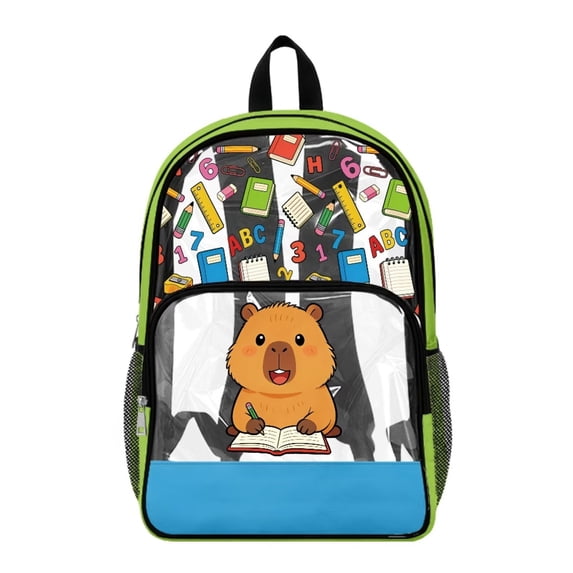 COEQINE Large Clear Backpack with Multiple Pockets, Heavy Duty Large PVC Transparent Bag for Boys Girls 17 Inch College Backpack See Through Book Bag for Stadium, Capybara School Supplies