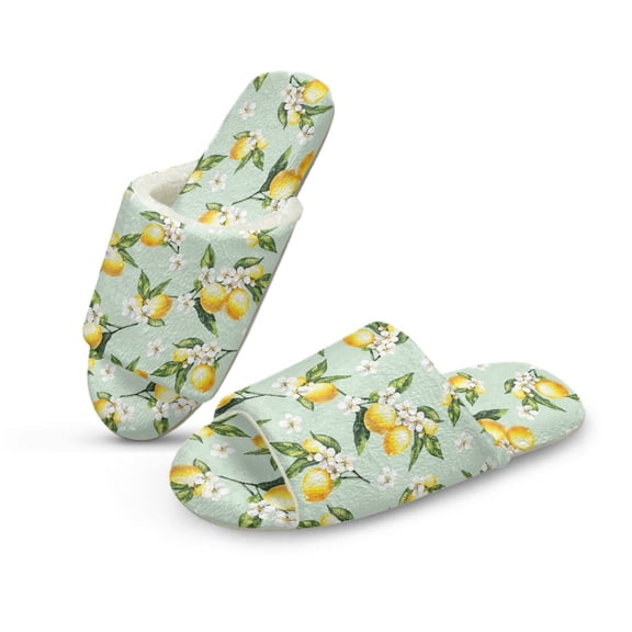 COEQINE Lemon Floral Womens Fluffy Slippers Comfortable Mens Slippers Y2K Fleece Open Toe Fleece Slides Winter Sandals Cute Indoor House Shoes for Bride Guest Ladies, 42-43