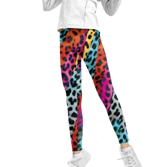 COEQINE Leopard Print Colorful Girls Novelty Legging for Travel, Yoga Dance Pants Tummy Control Sport Leggings, for 6-7 Years Kids Girls