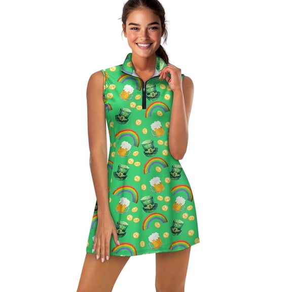 COEQINE Leprechaun Hat Gold Coin Rainbow Beer Print Golf Dresses for Women with Shorts 2 Pockets Lightweight Sleeveless Zip Up Workout Dresses for St. Patrick's Day, XL