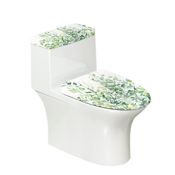 COEQINE Light Green Leaf Toilet Lid Dust Cover 2 Pcs Set, Easy Installation Machine Washable Elastic Bottom Toilet Cover Set for Home Bathroom Decor