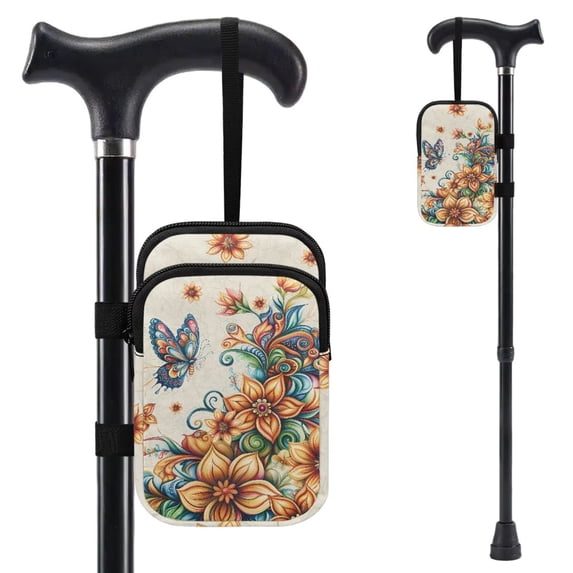 COEQINE Lightweight Crutch Bag Mobility Aid Bag Gold Boho Floral Butterfly Forearm Crutch Bag Pouch, Walking Stick Accessories, Lightweight, for Elbow Crutches, for Men Women