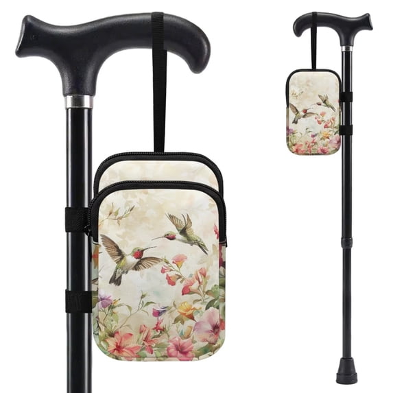 COEQINE Lightweight Crutch Bag Mobility Aid Bag Hummingbird Floral Beige Forearm Crutch Bag Pouch, Walking Stick Accessories, Lightweight, for Elbow Crutches, for Men Women