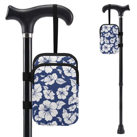COEQINE Lightweight Forearm Crutch Bag for Seniors Tropical Hibiscus Navy Walking Cane Storage Pouch, with 2 Zipper Pockets, Large Capacity, Hands-Free, for Men Women