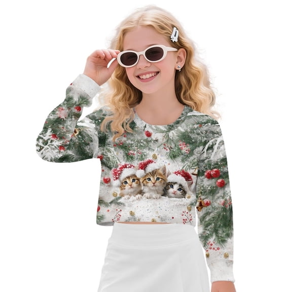 COEQINE Lightweight Girls Crop Sweatshirt, Warm Long Sleeve Fall Winter Top, Soft Breathable Loose Fit Pullover for Kids Age 13-14, Christmas Cat Snow