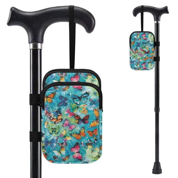 COEQINE Lightweigth Forearm Crutch Bag for Seniors Colorful Butterfly Teal Elbow Crutch Attachment, Zipper Pouch, 2 Pockets, Lightweight, for Walking Cane & Hiking Stick