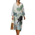 thumbnail image 1 of COEQINE Linen-Like Women's Long Dress 3/4 Sleeve Wrap V-Neck Midi Loose Fit Oriental Casual Dress for Women, Year-Round Machine Wash Loungewear, Size 4XL, Ink Black Cat Koi Fish Lotus, 1 of 6