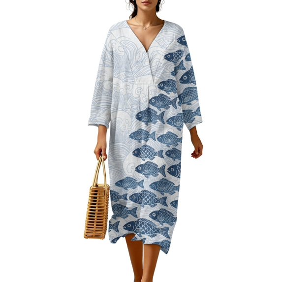 COEQINE Loose Fit Dress for Women, 2026 Spring Summer Oriental Oversized Long Sleeve V Neck Maternity Dress, Comfortable Wrinkle-Free Elegant Sundress, Size 3XL, Blue White Fish Wave