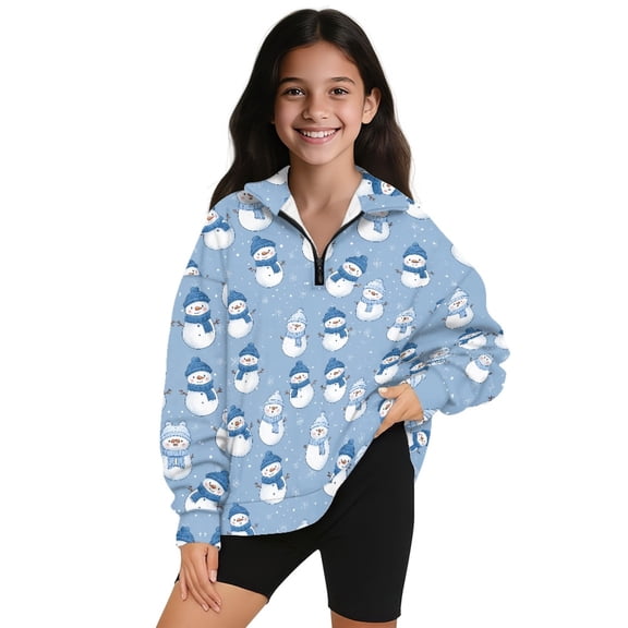 COEQINE Loose Fit Sweatshirt for Girls, Quarter Zip Pullover Long Sleeve with Collar, Soft Polyester Pullover Tops Machine Washable for 7-8 Kids, Cute Snowman Blue