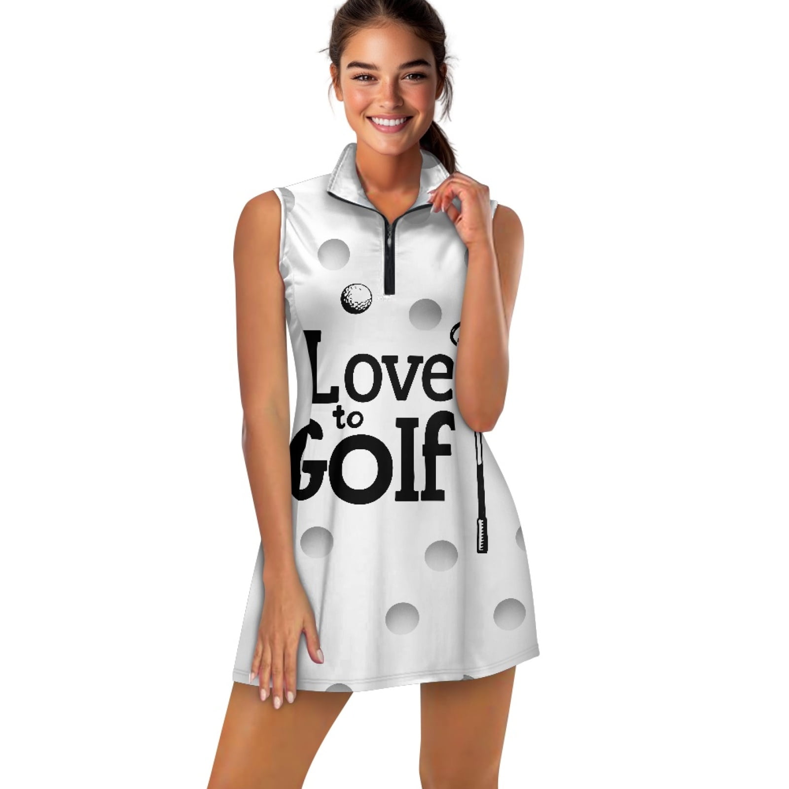 COEQINE Love to Golf Ball Print Golf Dresses for Women Sleeveless Breathable Athletic Dresses 2 Piece Set Lightweight V-Neck Workout Outfits with Pockets and Shorts, 2XL
