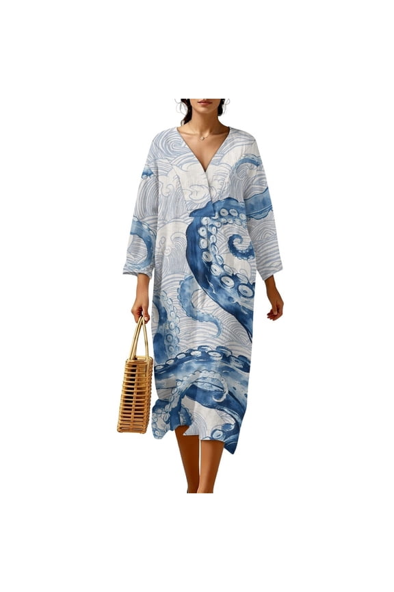 Maxi Dress with Sleeves for Women, Flowy Loose 3/4 Sleeve Wrap V Neck Vintage Oriental Boho Tunic Dress, Polyester with Linen Effect, Size 4XL, Blue Ink Octopus Wave