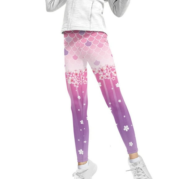 COEQINE Mermaid Scales Girls Leggings Buttery Soft Sport Yoga Legging High Waist Pants for Jogging Gym, for 8-9 Years Kids, Peach Blossom Pink