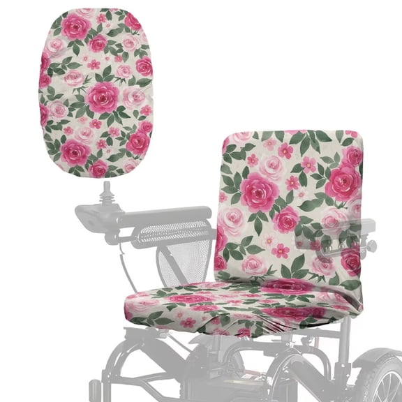 COEQINE Mobility Scooter Seat Cover Polyester Fabric Seat Protector with Adjustable Buckle & Elastic Band, Electric Wheelchair Cover for Indoor Outdoor, Watercolor Pink Rose Floral
