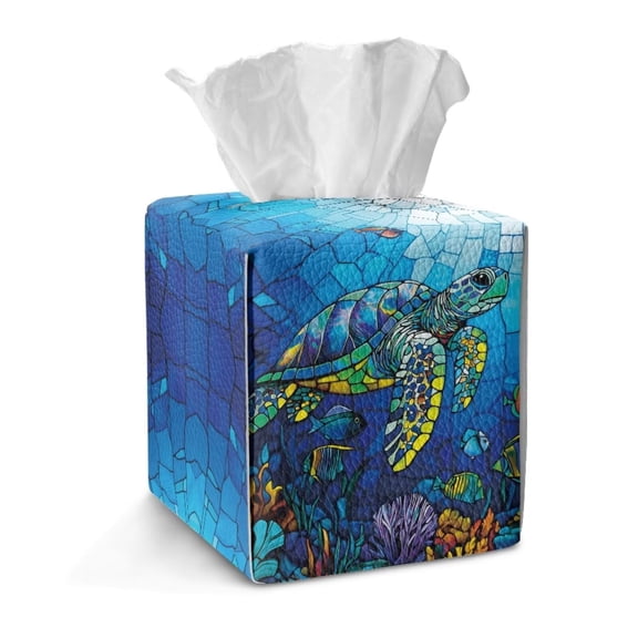 COEQINE Napkin Tissue Box Holder PU Leather Easy Refill Cube Tissue Holder Organizer Decorative Accessories Ideal for Home Office RV Decoration, Gothic Sea Turtle